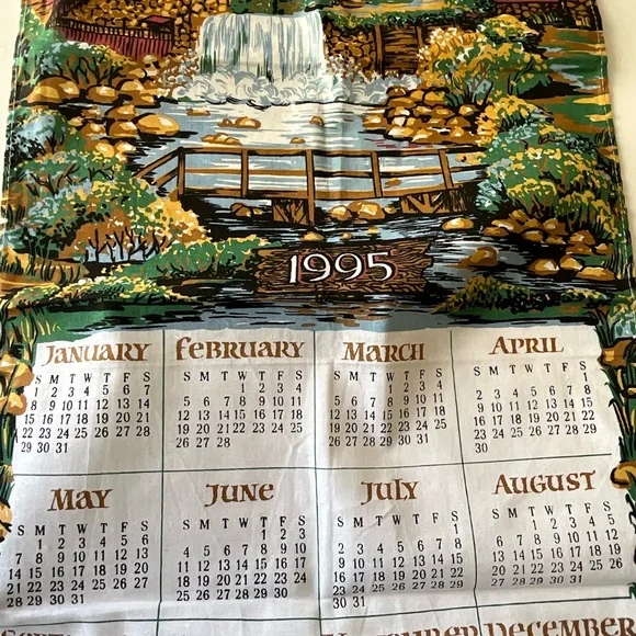 Vintage Calendar Linen Towels 1972 1986 1995 Bird Cherries Stream Covered Bridge - Picture 4 of 7